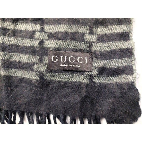 Gucci Black & Gray Embroidered Logo Geometric Weave Wool Scarf Pre-owned - Picture 16 of 16